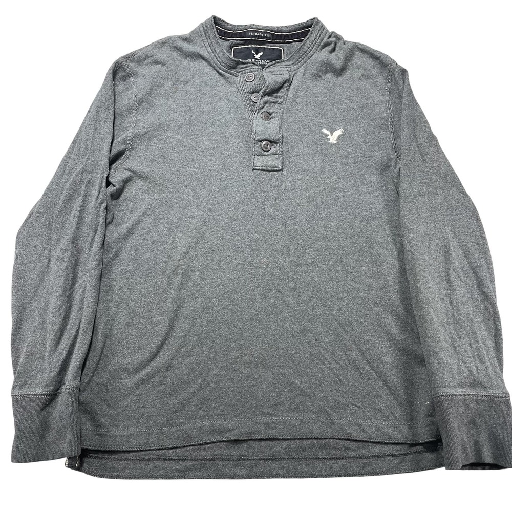 American Eagle Outfitters Shirt Mens Large Gray Long Sleeve Henley Logo Tee Y2K
